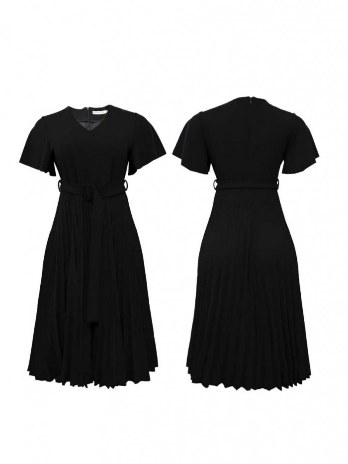 Women's Elegant Wear to Work Belted Pleated Flared Short Sleeve V Neck Casual Midi Dress for Cocktail Party 