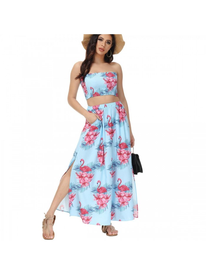 2 Piece Hawaiian Outfits for Women Summer Vacation Beach Floral Crop Top Maxi Skirt Set Luau Split Dress with Pocket 