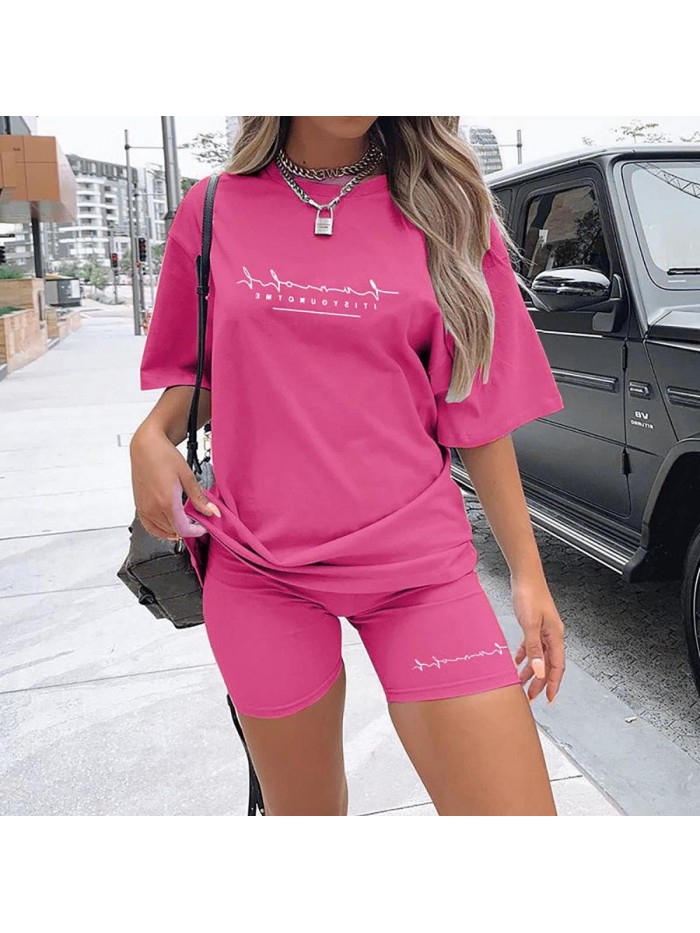 2 Piece Outfit Sets Casual Oversized T-Shirt Tops Biker Shorts Workout Sport s Tracksuit 