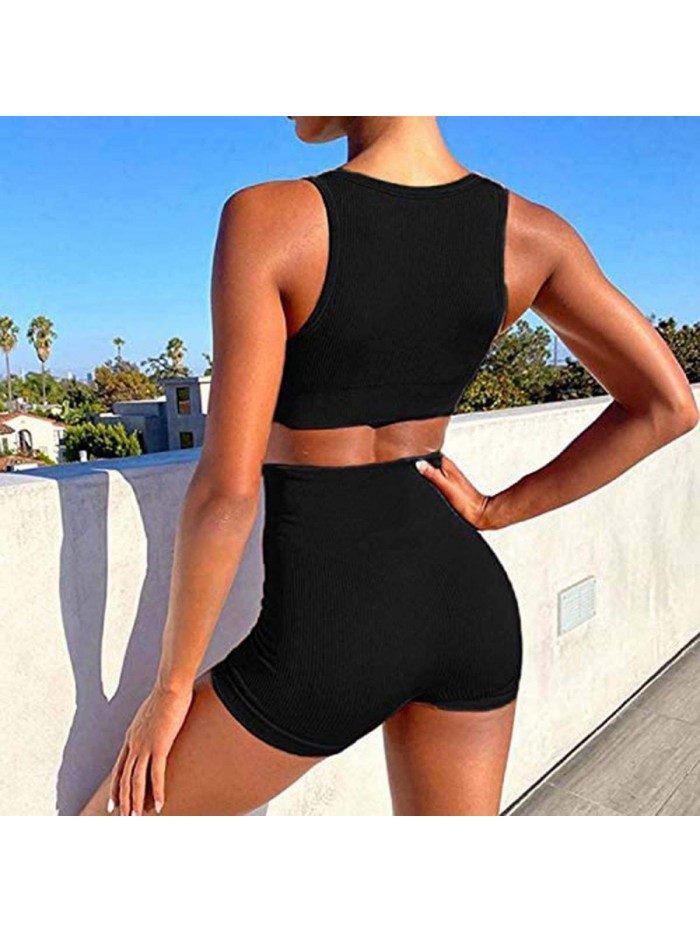 Workout Sets for Women 2 Piece Outfits Solid Sleeveless Ribbed Crop Tank Tops Sport Bra High Waisted Gym Athletic Shorts 