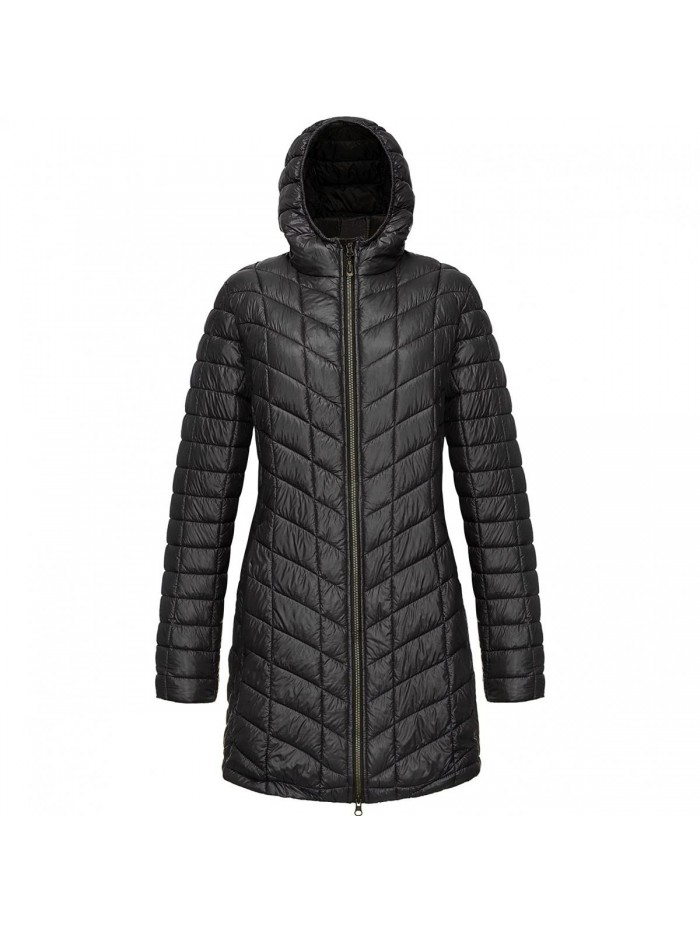 Women's Thermolite Long Hooded Puffer Jacket Parka, Ultra Lightweight Quilted Thin Warm Puffy Insulated Winter Coat 