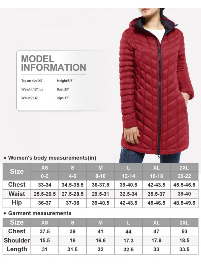 Women's Thermolite Long Hooded Puffer Jacket Parka, Ultra Lightweight Quilted Thin Warm Puffy Insulated Winter Coat 