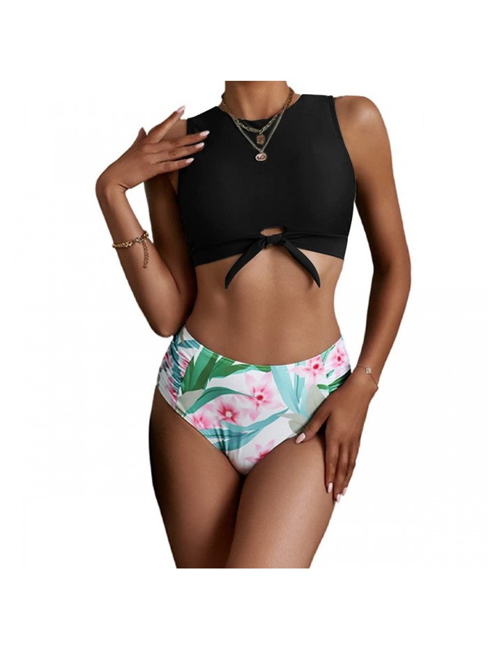 Balasami Women's Cut Out Tie Knot Front Scoop High Neck Tank Crop Top Bikini Swimsuit Top Only