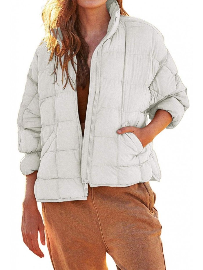 Aiopr Women's Lightweight Down Coat Long Sleeve Zip Packable Short Puffer Jackets
