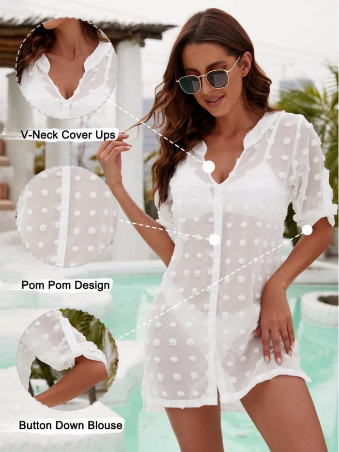 Blooming Jelly Womens Sexy Beach Cover Up V Neck Bathing Suit Cover Ups Cardigan Bikini Button Down Chiffon Swimsuit Coverups