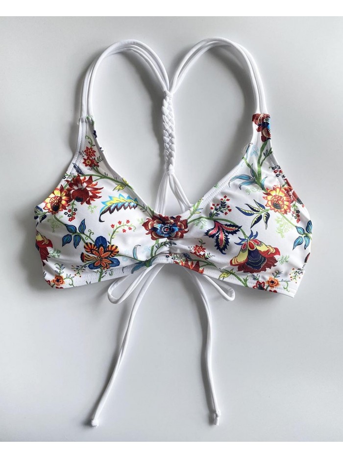Balasami Women's Adjustable Print Braided Straps Back Cross Vintage Swimsuit Bikini Top Only