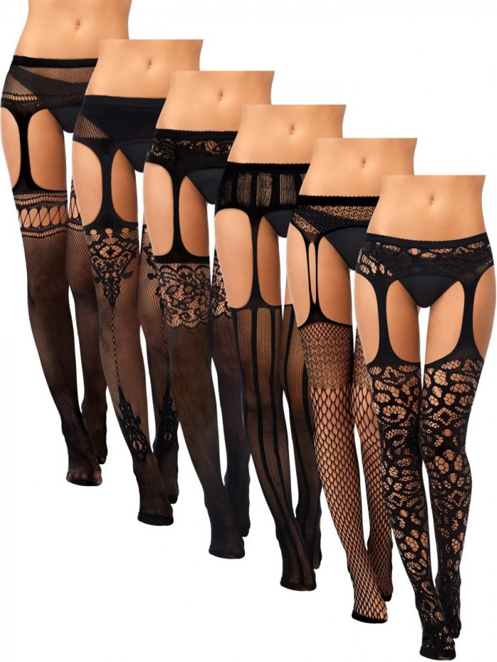 6 Pairs Women Fishnet Thigh-High Stockings Tights Suspender Pantyhose Stockings for Women Girls