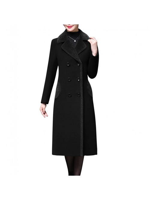 Women's Double-Breasted Notched Lapel Midi Wool Bl...