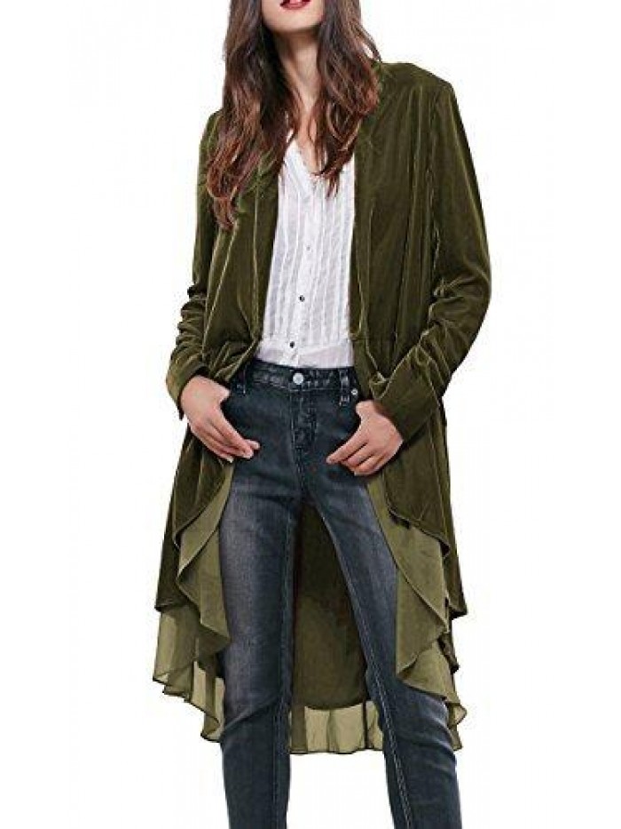 Womens Ruffled Asymmetric Long Velvet Blazers Coat Casual Jackets 