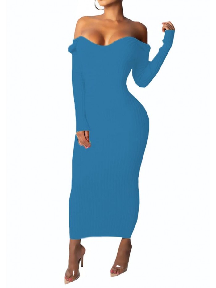 Women's Off Shoulder Long Sleeves Bodycon Sweater Dress Sexy Knit Slim Cardigans 