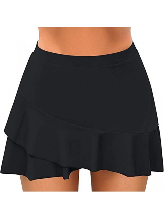 Ruffled Swim Skirt Tummy Control Bathing Suit Skirt with Built-in High Waisted Bikini Swimsuit Bottoms for Women 