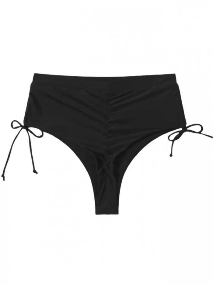 Women's Tie Side Bikini Bottom Ruched Drawstring High Waisted Swim Bottoms 