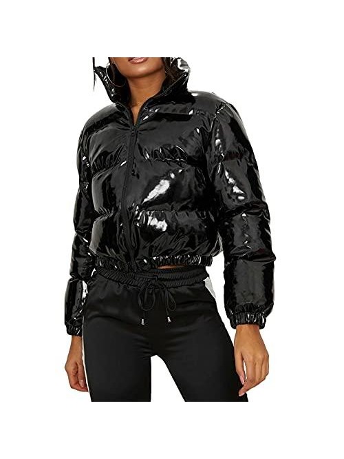 Women Colorful Patent Leather Down Jacket Long Sle...