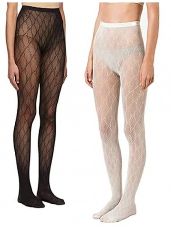 2PCS Fishnet Stockings, Tight-Fitting Fashion GG Tights, Pantyhose Nylon High Waist Stockings with Feet Tights JK Stockings, One Size Fits Everyone (Black+White)