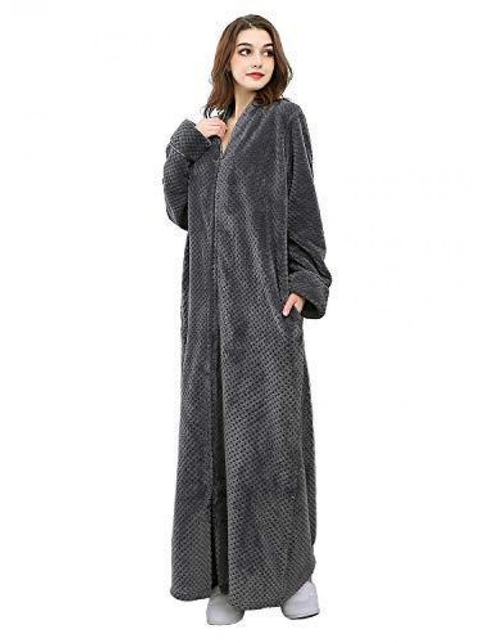 Zip Up Bathrobe Woman Zipper Fleece Plush Robe Ladies Warm Long Full Length Housecoat Sleepwear 