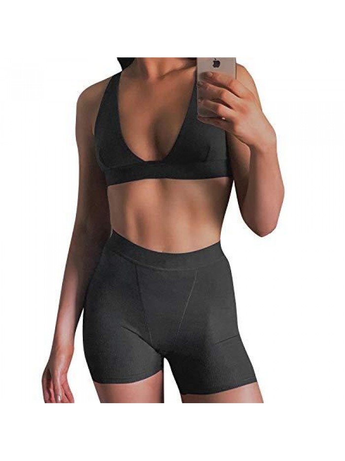 2 Piece Workout Outfit Ribbed Deep V Neck Bra High Waist Bodycon Yoga Short Sets Gym Active Wear Tracksuits 