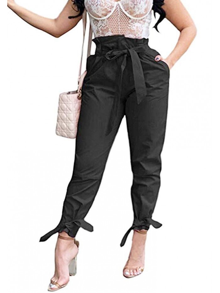 Women's Casual Loose Paper Bag Waist Long Pants Trousers with Bow Tie Belt Pockets 