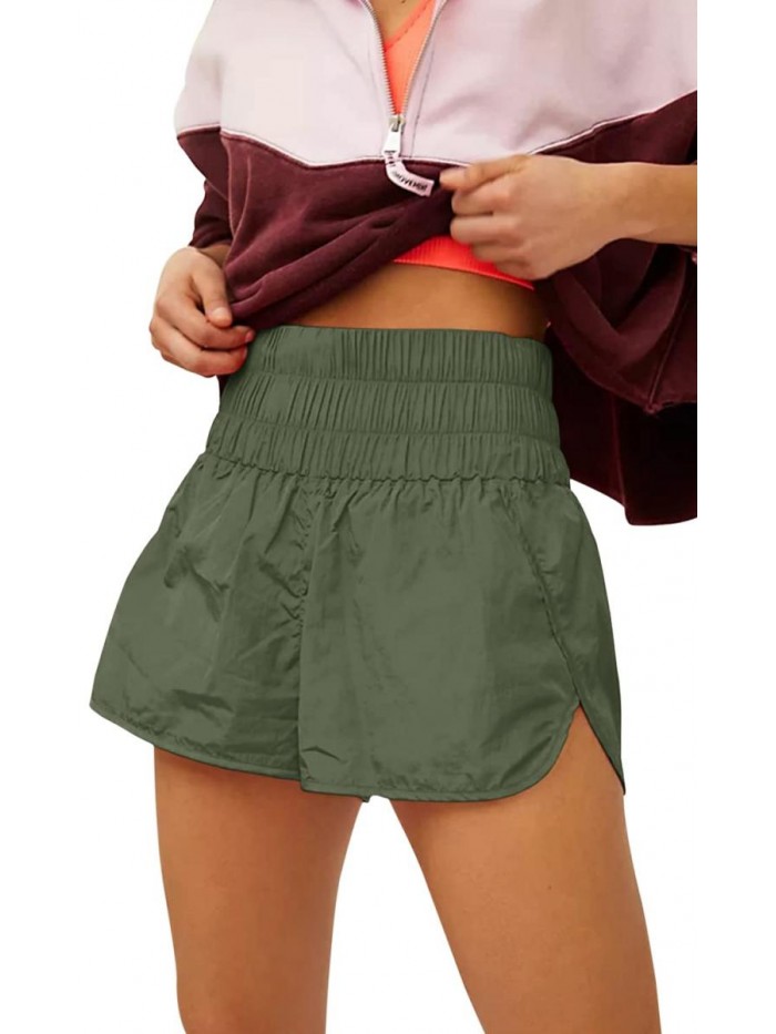 Running Shorts Smocked High Waist Athletic Gym Workout Warm Up Relaxed Fit Shorts 