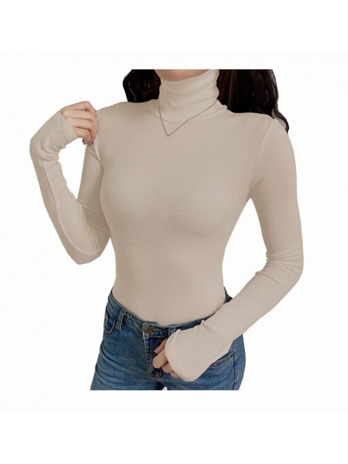 Women Long Sleeve Ribbed Turtleneck Basic Fitted T...