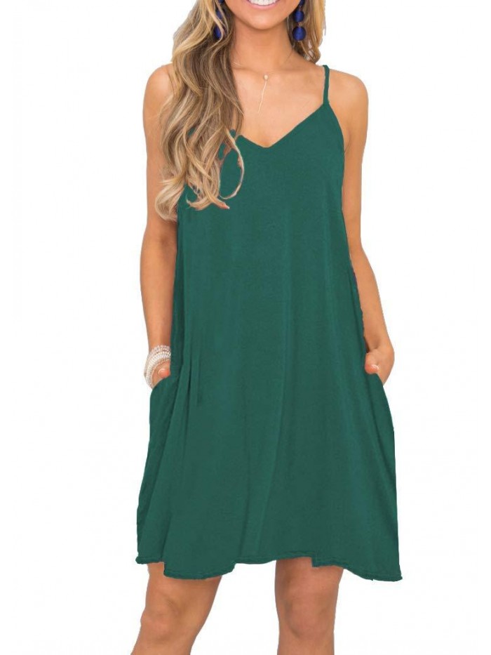 Women's Summer Spaghetti Strap Casual Swing Tank Beach Cover Up Dress with Pockets 