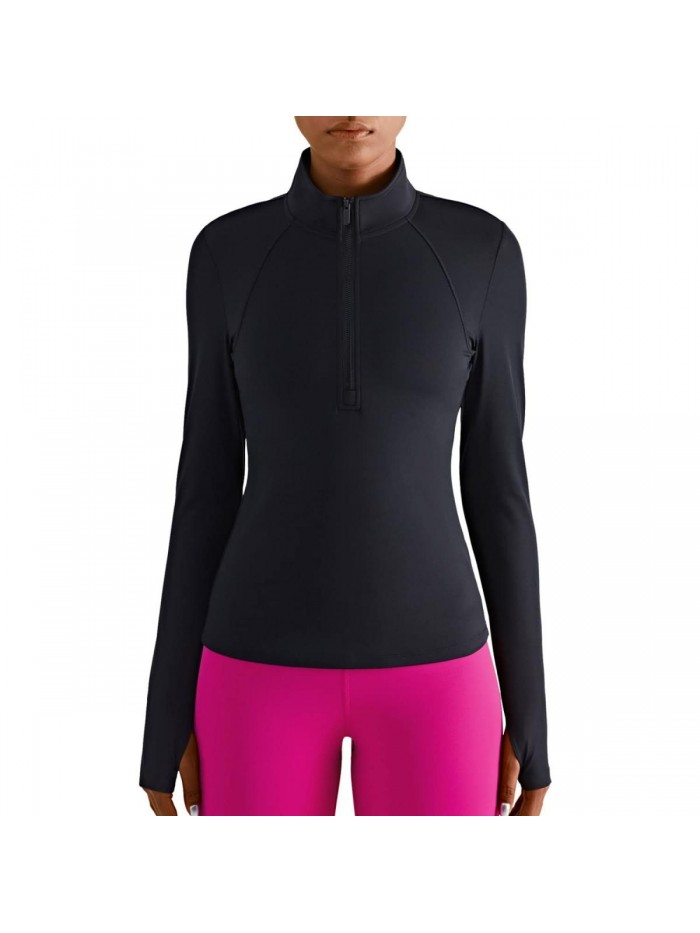 Quarter Zip Pullover for Women, Long Sleeve Workout Shirts, Athletic Gym Running Tops 