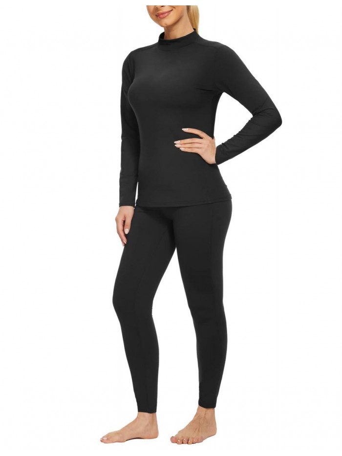 Women's Mock Turtle Neck Fleece Thermal Underwear Long Sleeve Compression Base Layer Set 