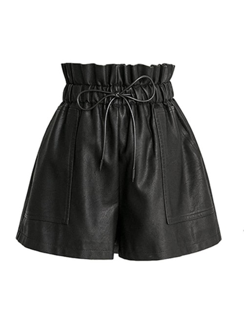 High Waisted Wide Leg Black Faux Leather Shorts fo...