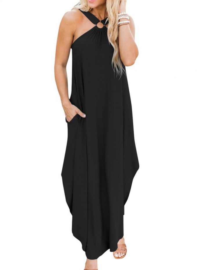 Women's Summer Casual Criss Cross Sundress Sleeveless Split Maxi Long Beach Dress with Pockets 