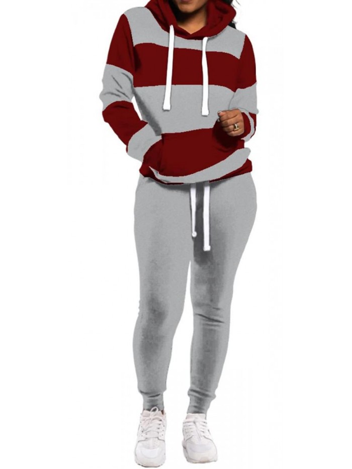 Womens 2 Piece Tracksuit Long Sleeve Warm Up Outfit Patchwork Pants Set 