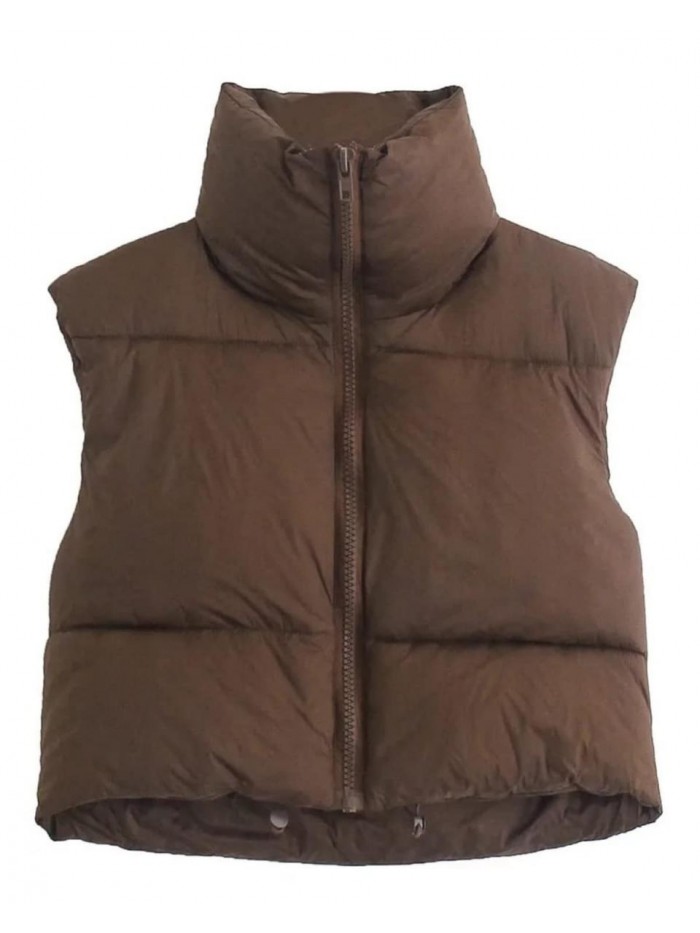 Women's Fashion High Neck Zipper Cropped Puffer Vest Jacket Coat 