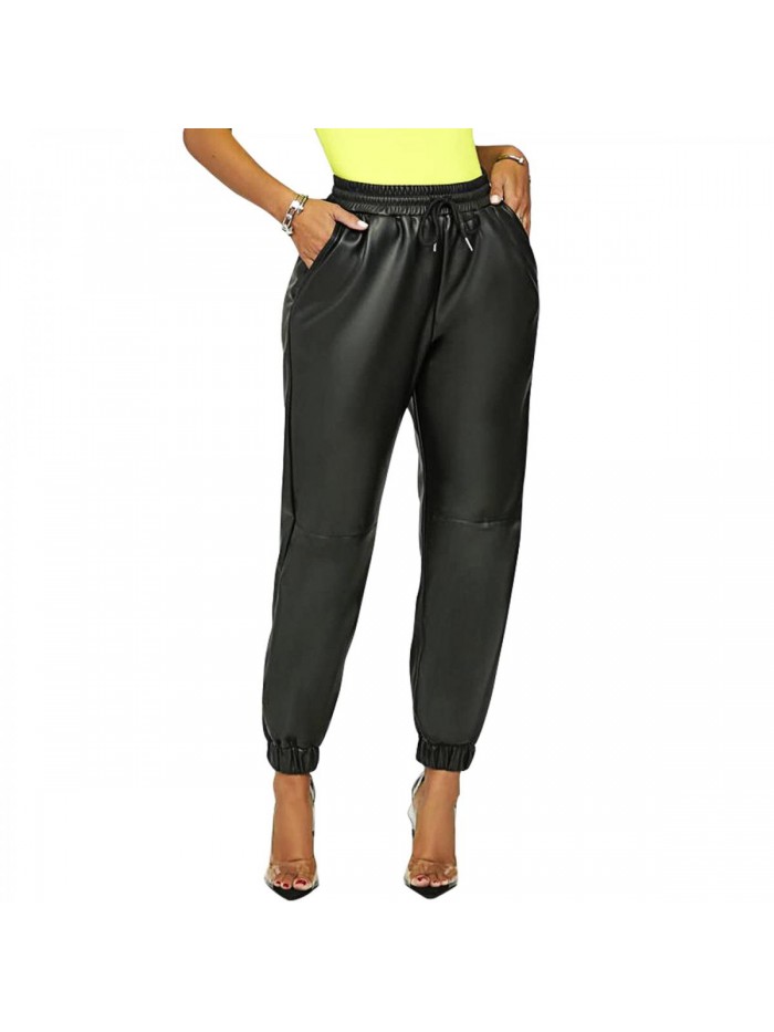 Women's Faux Leather Pants High Waist Elastic Stretchy Drawstring Jogger Trousers with Pockets Club Outfits 