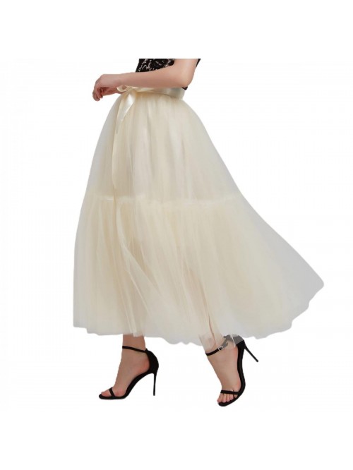Long Tulle Skirt Puffy A Line with Bowknot Belt Hi...