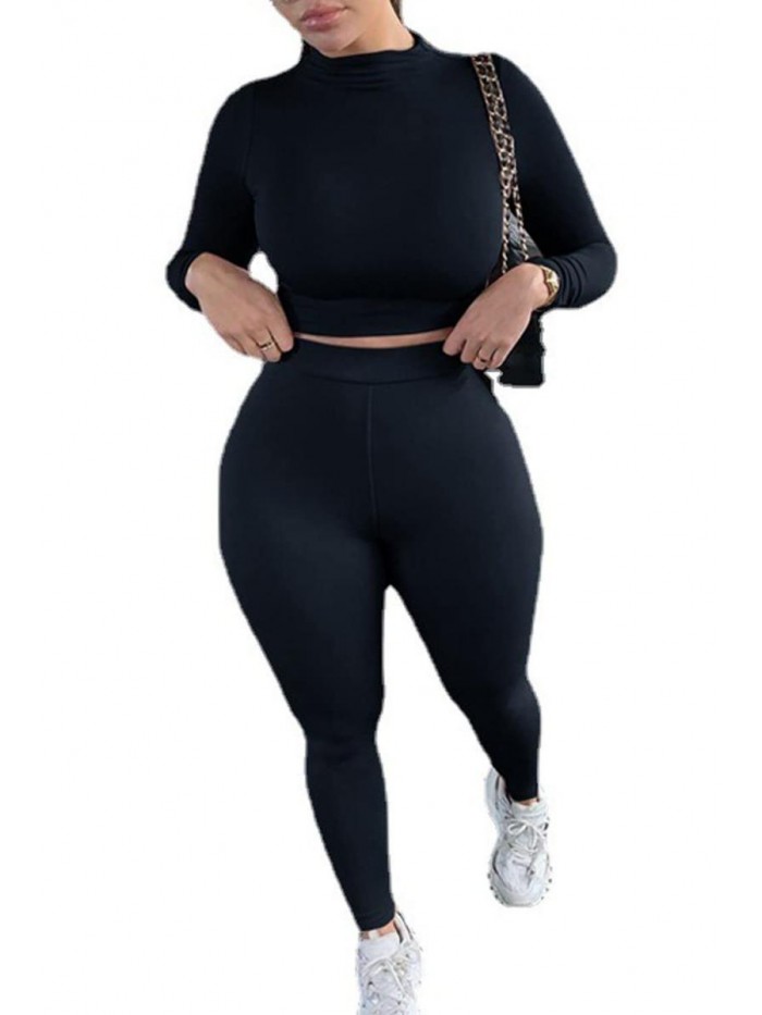 2 Piece Outfits for Women Sexy Pants Set Long Sleeve Crop Top with High Waist Yoga Leggings Tracksuit Set 