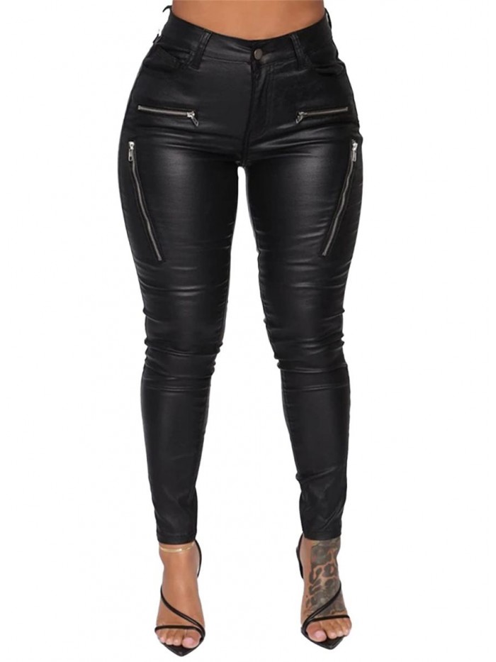 Women Faux Leather Pants Leggings High Waisted Zip Up Stretch Trousers Plus Size 