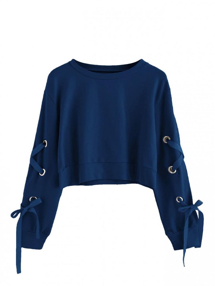 Women's Casual Lace Up Long Sleeve Pullover Crop Top Sweatshirt 