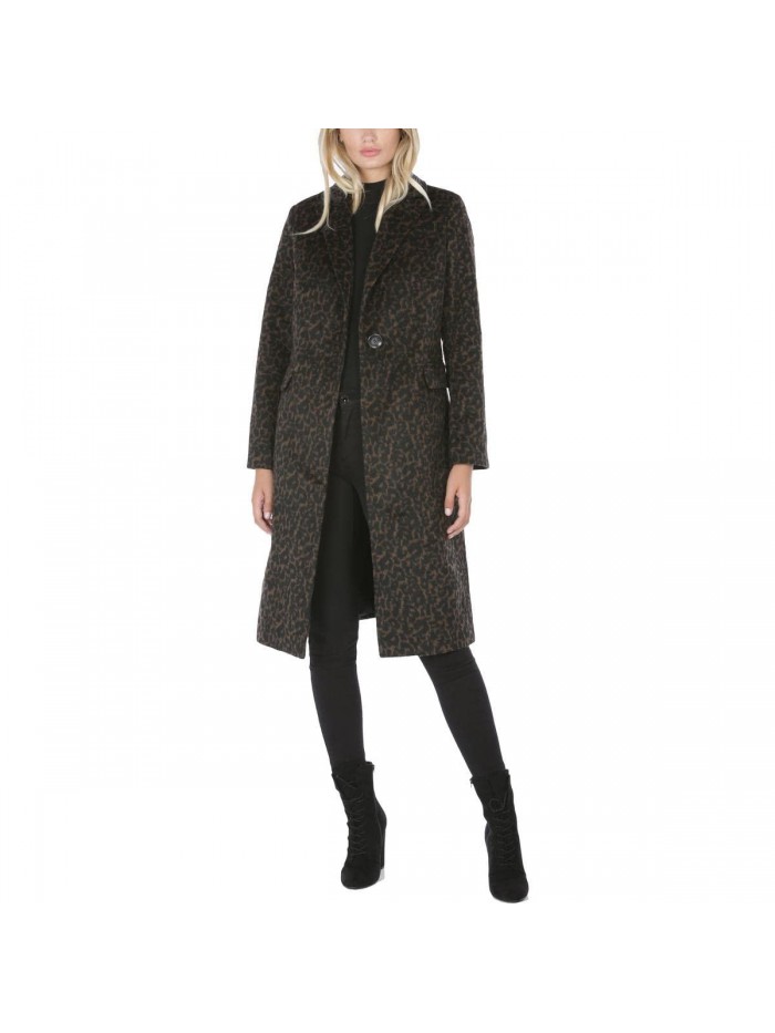 Women's Leopard Print Mid-Length Wool Blend Midi Coat 