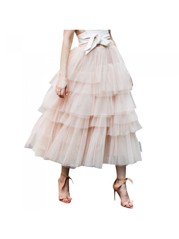 Women's Nude Pink/Black Tiered Layered Mesh Ballet Prom Party Tulle Tutu A-line Midi Skirt 