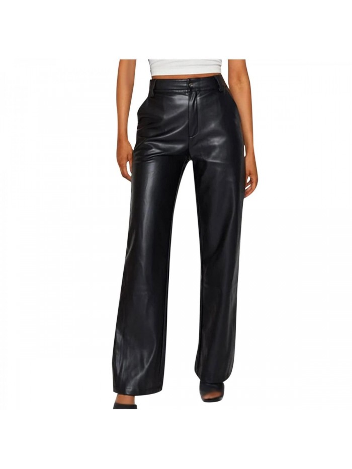 Faux Leather Pants Vintage Y2k Leisure Straight Wide Leg Slim Trousers Streetwear A1 