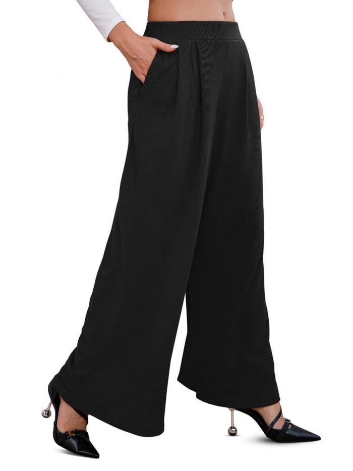 Women Long Wide Leg Pants Business Casual Stretchy Palazzo Pants Loose Fitting Trousers Comfy Work Pants 