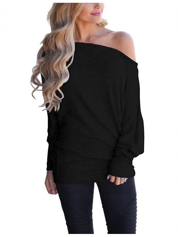 Women's Off Shoulder Tops Casual Loose Shirt Batwing Sleeve Tunics Blouse 