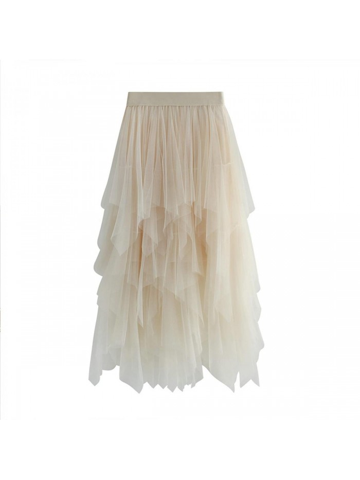 Tulle Skirt Sheer Mesh Layered High Waist Tutu Skirt Irrgular Ruffles Hem A-Line Midi Skirt Party Prom Dress 