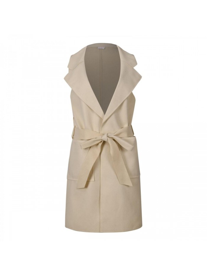 Women's Long Lapel Vest Dress A Line Wool Blends Sleeveless Waistcoat Solid Color Belt Tunic Flannel Gilet with Pocket 
