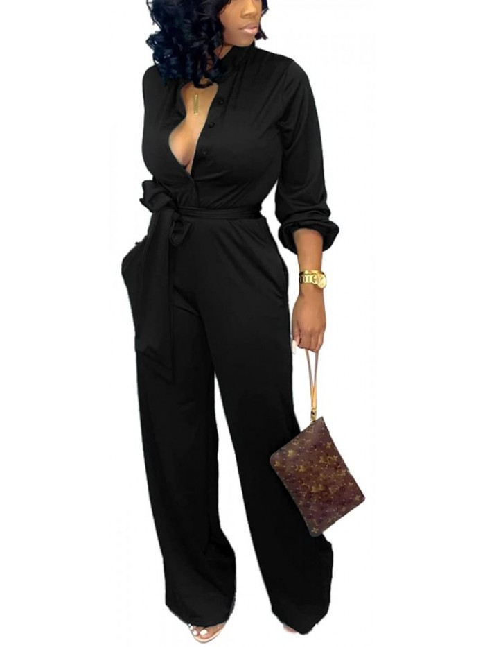Sexy Jumpsuits Elegant Long Sleeve Straight Long Pants Clubwear Rompers with Pockets 