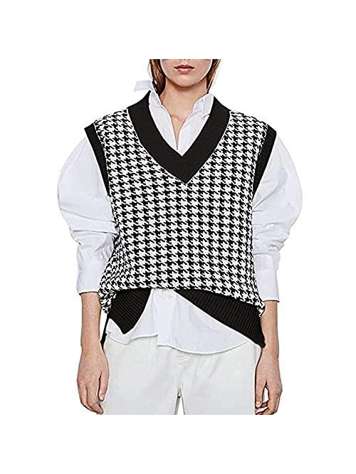 Women Houndstooth Cropped Sweater Vest with Shirt ...