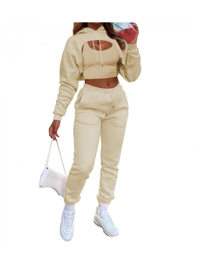 Sexy 3 Piece Tracksuits - Long Sleeve Pullover Crop Top Hoodie +Tank Top+Drawstring Long Pants Sweatsuit 