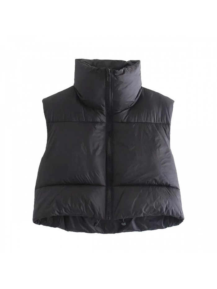 Crop Puffer Vest Sleeveless Lightweight Down Jacket Quilted Solid Color Outwear Padded Winter Warm Gilet 
