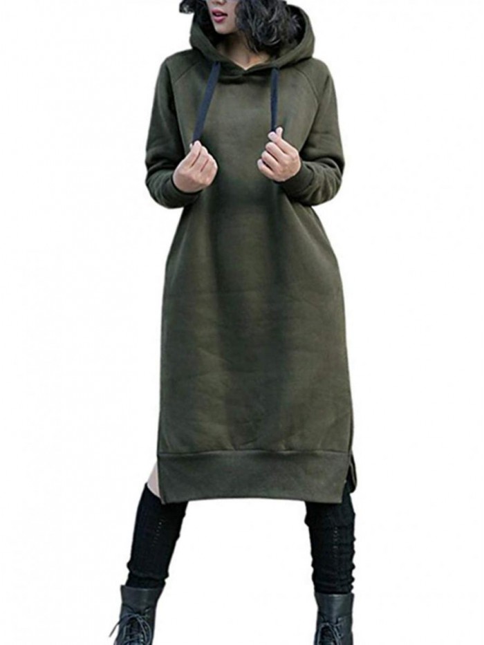 Women's Thickening Long Fleece Sweatshirt String Hoodie Dress Pullover Plus Size 