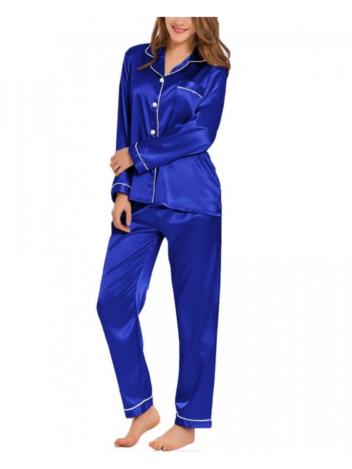 Womens Silk Satin Pajamas Loungewear Two-piece Sle...