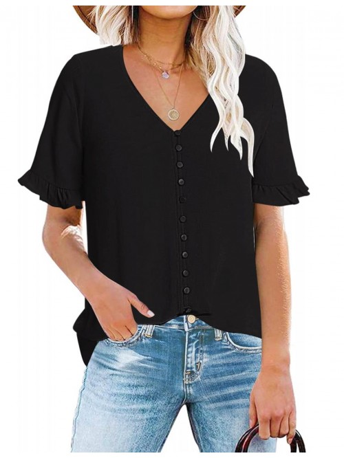 Women's Casual Tops Short Sleeve V Neck Button Dow...