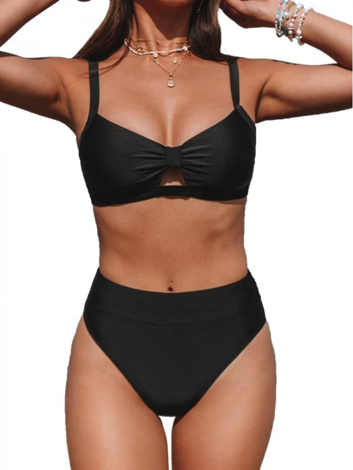 Women Knot Front Bralette and High Waist Bikini Set Banded Design Two Piece Bathing Suit Black 